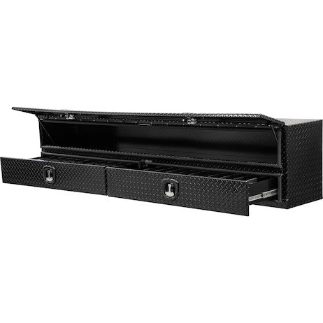 Load image into Gallery viewer, 21x18x96 Inch Gloss Black Diamond Tread Aluminum Heavy-Duty Flatbed Contractor With Lower Drawers