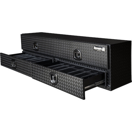 Load image into Gallery viewer, 21x18x72 Inch Textured Matte Black Diamond Tread Aluminum Heavy-Duty Flatbed Contractor With Lower Drawers