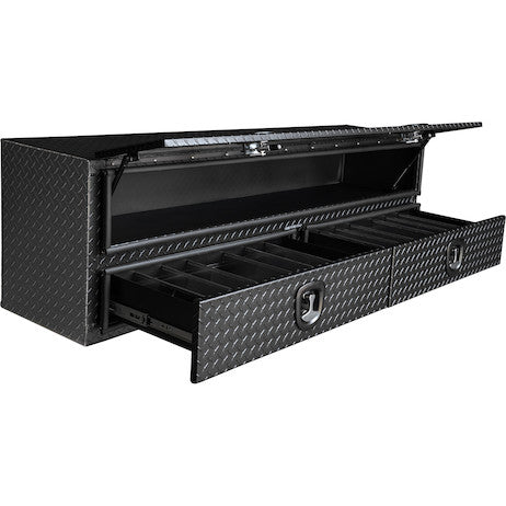 Load image into Gallery viewer, 21x18x72 Inch Textured Matte Black Diamond Tread Aluminum Heavy-Duty Flatbed Contractor With Lower Drawers