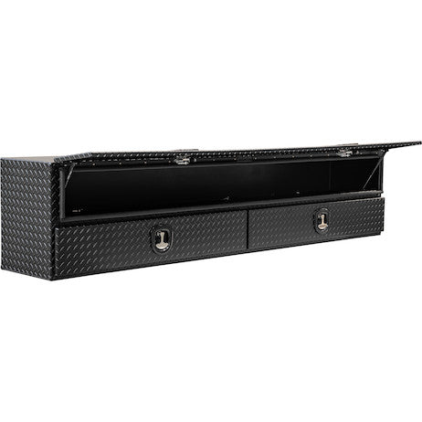 Load image into Gallery viewer, 21x18x96 Inch Textured Matte Black Diamond Tread Aluminum Heavy-Duty Flatbed Contractor With Lower Drawers