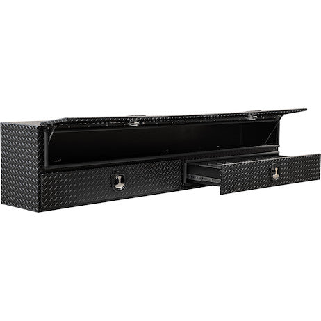 Load image into Gallery viewer, 21x18x96 Inch Textured Matte Black Diamond Tread Aluminum Heavy-Duty Flatbed Contractor With Lower Drawers