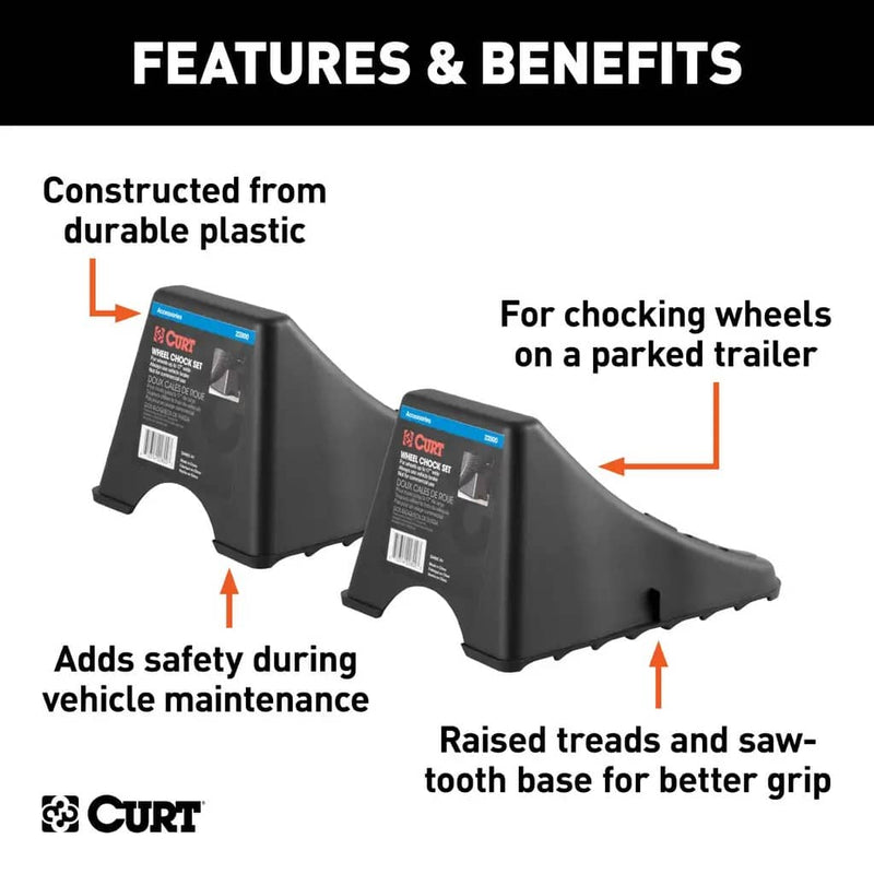 Load image into Gallery viewer, CURT Wheel Chock Set (Up to 17" Wide Wheels)