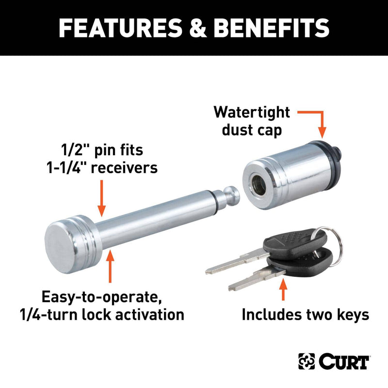 Load image into Gallery viewer, CURT 1/2" Hitch Lock (1-1/4" Receiver, Barbell, Chrome)