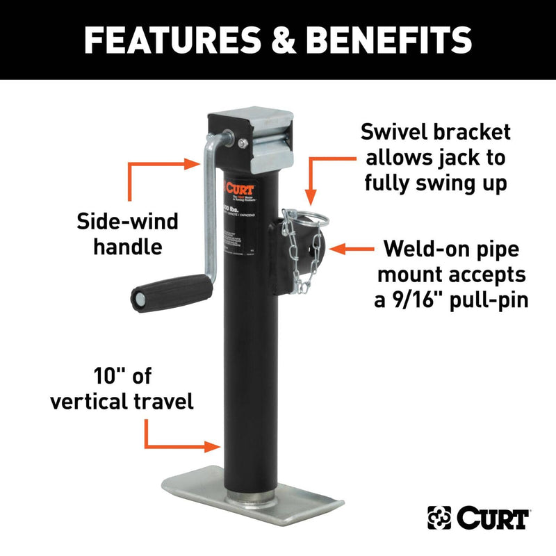 Load image into Gallery viewer, CURT Pipe-Mount Swivel Jack with Side Handle (2,000 lb, 10" Travel)