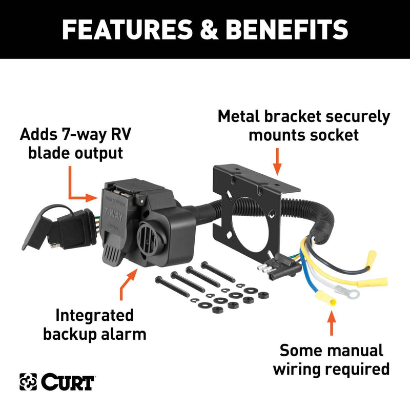 Load image into Gallery viewer, CURT Dual-Output Adapter with Backup Alarm (4-Way Flat to 7-Way RV Blade Trailer)