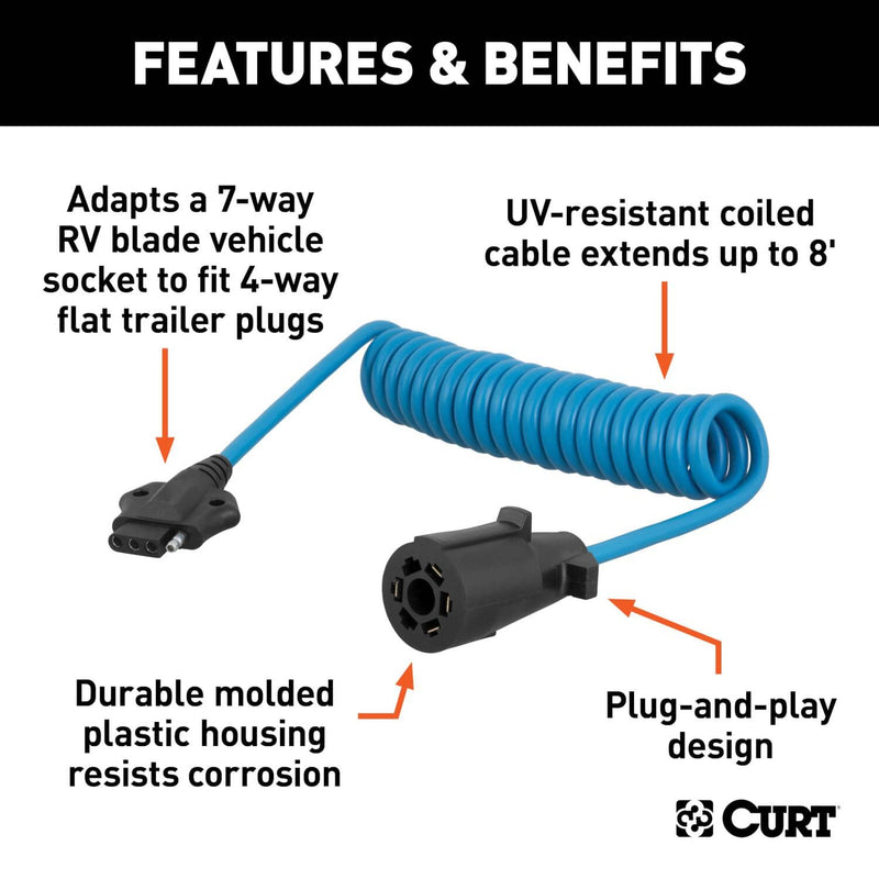 Load image into Gallery viewer, CURT 8' Electrical Adapter Harness (7-Way RV Blade Vehicle to 4-Way Flat Trailer)