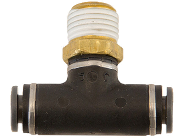 Load image into Gallery viewer, Brass/Poly DOT Push-In Swivel Male Branch Tee 1/4 Inch Tube OD x 1/8 Pipe Thread