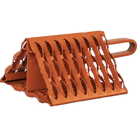 Load image into Gallery viewer, Orange Powder Coated Galvanized Serrated Wheel Chock with Handle 9x10x6 Inch