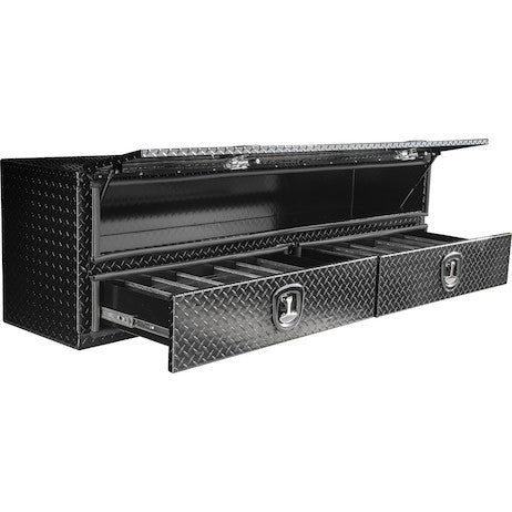 21x18x72 Inch Gloss Black Diamond Tread Aluminum Heavy-Duty Flatbed Contractor With Lower Drawers