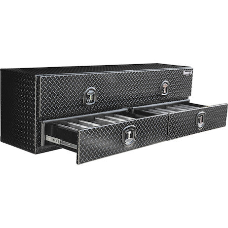 Load image into Gallery viewer, 21x18x72 Inch Gloss Black Diamond Tread Aluminum Heavy-Duty Flatbed Contractor With Lower Drawers
