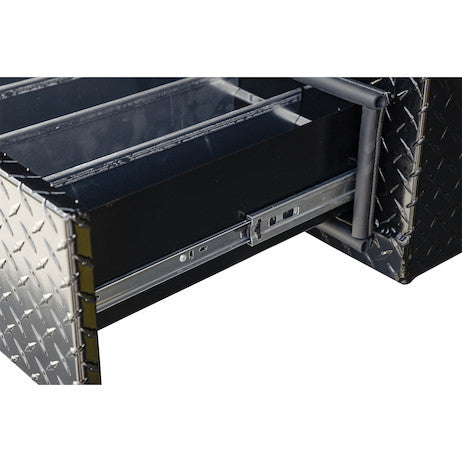 Load image into Gallery viewer, 21x18x72 Inch Gloss Black Diamond Tread Aluminum Heavy-Duty Flatbed Contractor With Lower Drawers
