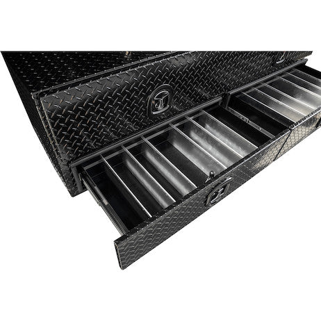 Load image into Gallery viewer, 21x18x72 Inch Gloss Black Diamond Tread Aluminum Heavy-Duty Flatbed Contractor With Lower Drawers
