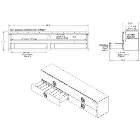 21x18x88 Inch Gloss Black Diamond Tread Aluminum Heavy-Duty Flatbed Contractor With Lower Drawers
