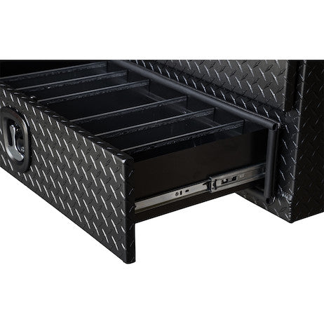 Load image into Gallery viewer, 21x18x72 Inch Textured Matte Black Diamond Tread Aluminum Heavy-Duty Flatbed Contractor With Lower Drawers
