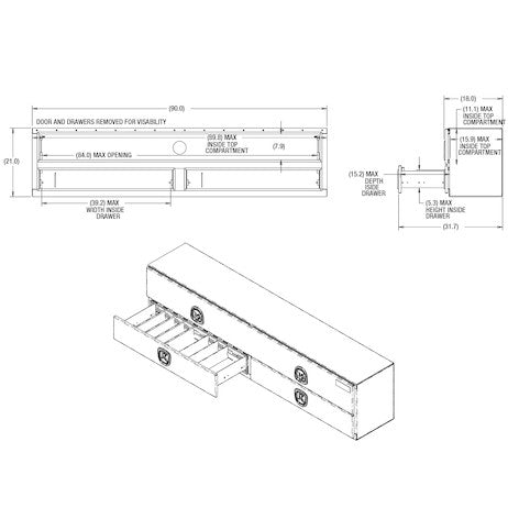 21x18x90 Inch Textured Matte Black Diamond Tread Aluminum Heavy-Duty Flatbed Contractor With Lower Drawers