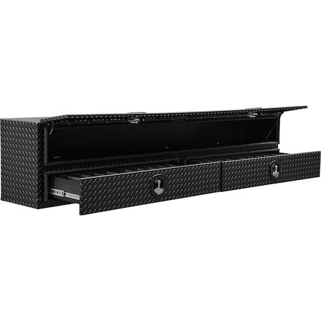 21x18x96 Inch Textured Matte Black Diamond Tread Aluminum Heavy-Duty Flatbed Contractor With Lower Drawers
