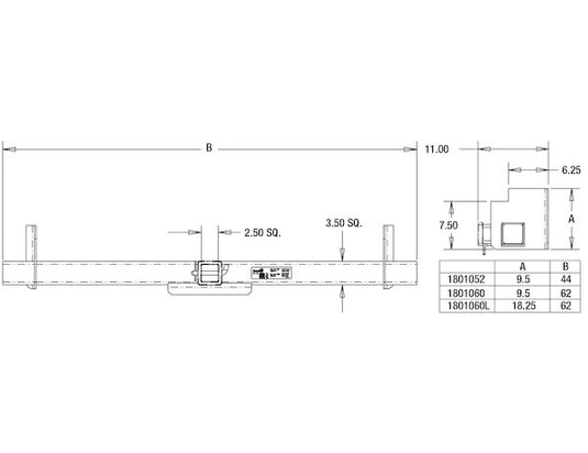 Class 5 62 Inch Service Body Hitch Receiver with 2-1/2 Inch Receiver Tube and 9 Inch Mounting Plates