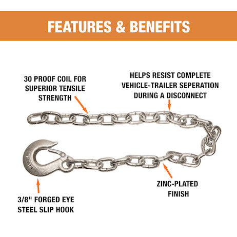 3/8x22 Inch Class 4 Trailer Safety Chain With 1 Inch Forged Slip Hook-30 Proof