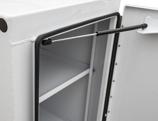 GLOSS WHITE STEEL STRAIGHT SIDE BACKPACK TRUCK TOOL BOX SERIES WITH FLAT FLOOR AND ADJUSTABLE SHELVING