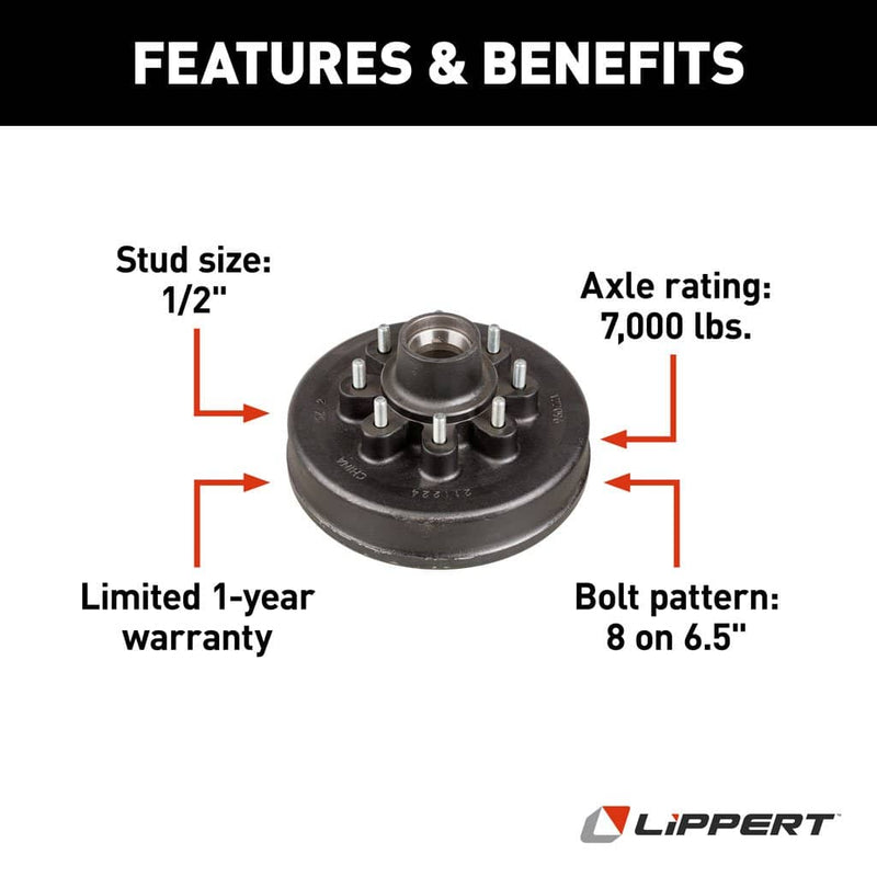 Load image into Gallery viewer, CURT 12" Brake Hub with Races &amp; Wheel Studs - 7,000-lb. Axles, 8 on 6-1/2" Bolt Pattern, 1/2" Stud Size
