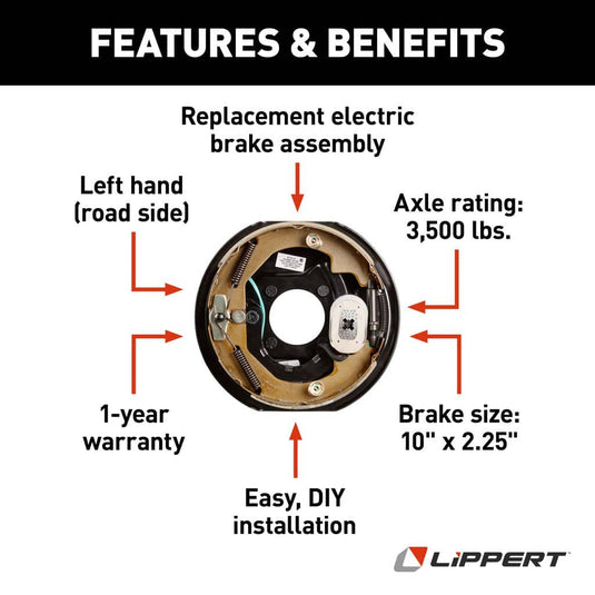 CURT Electric Trailer Brake Assembly - 10" x 2-1/4" Brake Size, 4-Bolt, 3,500-lb. Axles, Left (Driver) Side