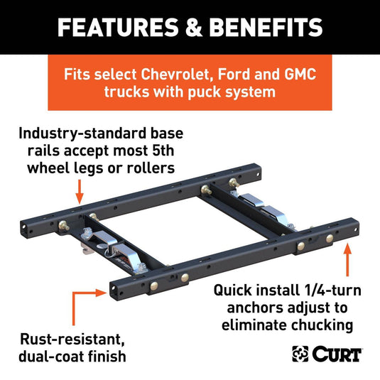 CURT Puck System 5th Wheel Adapter with Rails (25K), With 5th Wheel Prep Package; Select Configurations - Select 2011-2027 Ford, 2020-2026 Chevrolet & GMC Models (see fitment table)