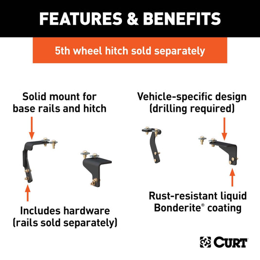 CURT Semi-Custom 5th Wheel Brackets (Drilling Required), Select Configurations (see fitment table) - 2011-2018 Ram 1500, 2019-2024 Ram 1500 Classic, 2009-2010 Dodge Ram 1500
