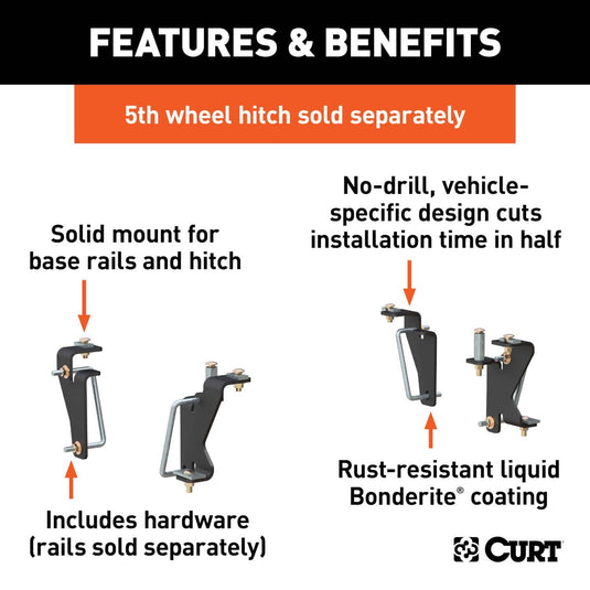 CURT Custom 5th Wheel Brackets, Extended Crew Cab Pickup (Dodge Ram 1500); Excluding Cab & Chassis (Dodge Ram 2500, Dodge Ram 3500, Ram 3500); Mega Cab Only (Dodge Ram 1500) - Select 2003-2010 Dodge, 2011-2012 Ram Models (see fitment table)