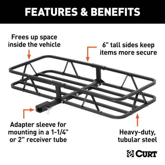 CURT 48" x 20" Black Steel Basket Cargo Carrier (1-1/4", 2" Adapter, 500 lb)