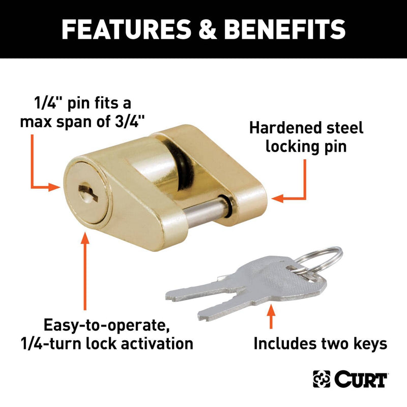 Load image into Gallery viewer, CURT Coupler Lock (1/4" Pin, 3/4" Latch Span, Padlock, Brass-Plated)
