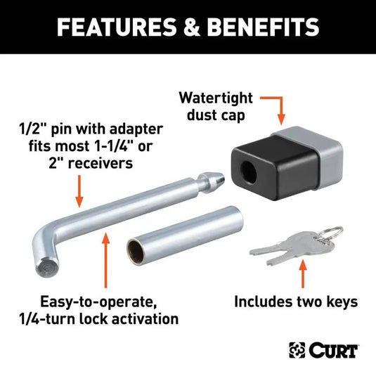 CURT 1/2" Hitch Lock with 5/8" Adapter (1-1/4" or 2" Receiver, Deadbolt, Chrome)