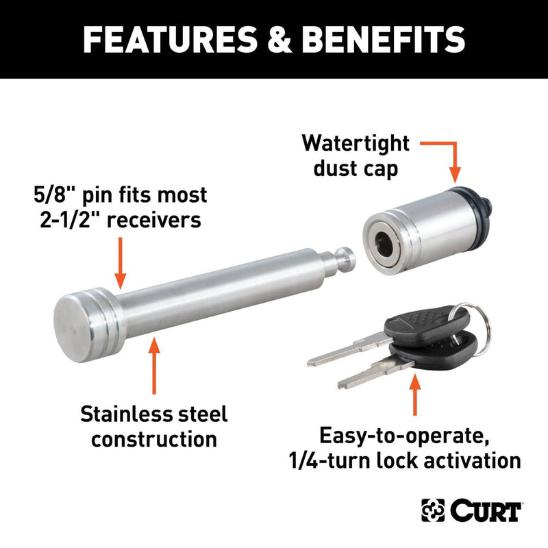 Load image into Gallery viewer, CURT 5/8" Hitch Lock (2" or 2-1/2" Receiver, Barbell, Stainless)
