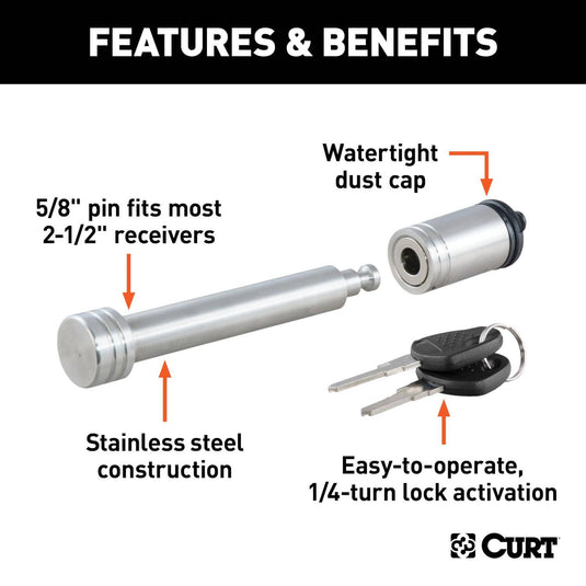 CURT 5/8" Hitch Lock (2" or 2-1/2" Receiver, Barbell, Stainless)