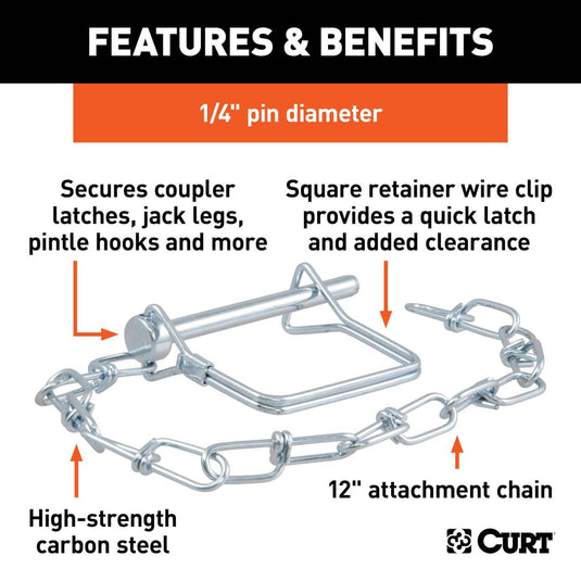 CURT 1/4" Safety Pin with 12" Chain (2-3/4" Pin Length)