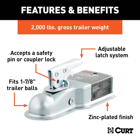CURT 1-7/8" Straight-Tongue Coupler with Posi-Lock (3" Channel, 2,000 lb, Zinc)