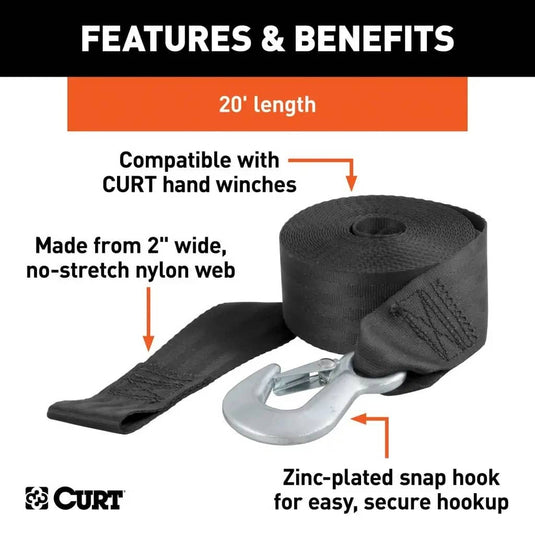 CURT 20' Winch Strap with Snap Hook (1,333 lb)