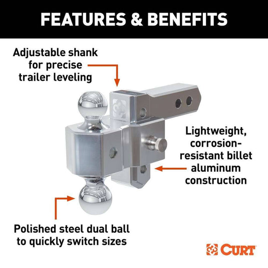 CURT AlumaLite Adjustable Aluminum Hitch with Dual Ball, 3-1/2" Drop