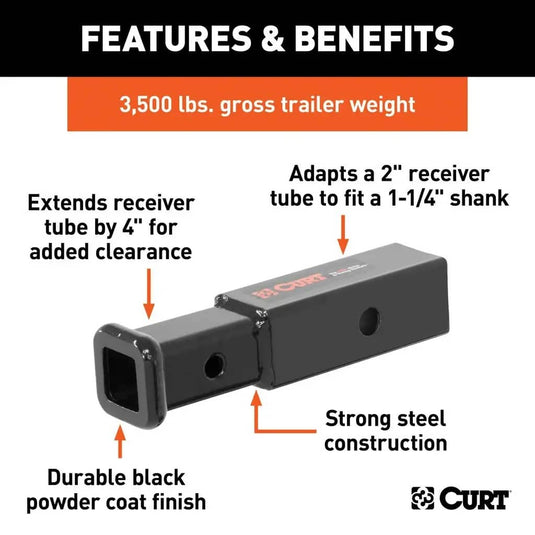 CURT Receiver Tube Adapter (2" to 1-1/4" Shank, 3,500 lb GTW, 4" Length)