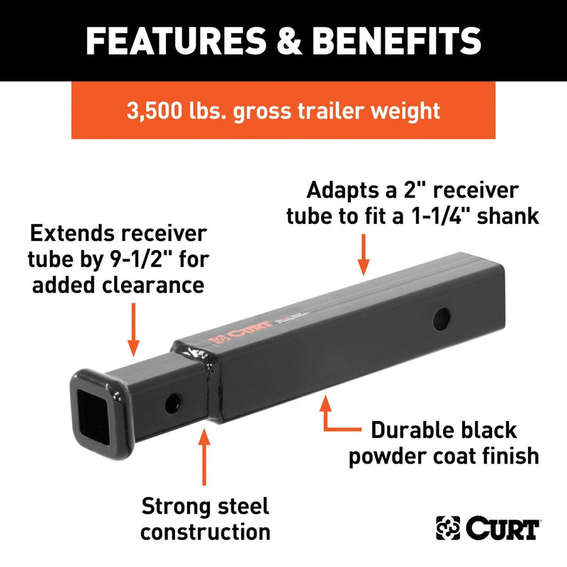 Load image into Gallery viewer, CURT Receiver Tube Adapter (2" to 1-1/4" Shank, 3,500 lb GTW, 9-1/2" Length)
