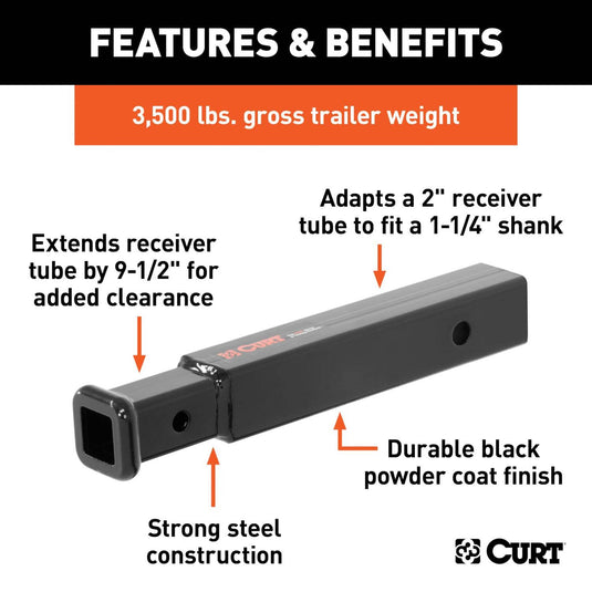 CURT Receiver Tube Adapter (2" to 1-1/4" Shank, 3,500 lb GTW, 9-1/2" Length)