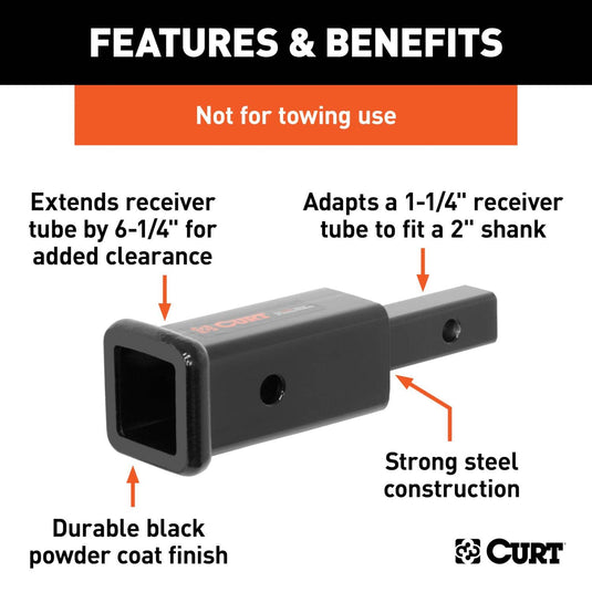 CURT Receiver Tube Adapter (1-1/4" to 2" Shank, Not for Towing Use, 6-1/4" Length, Part 45785)