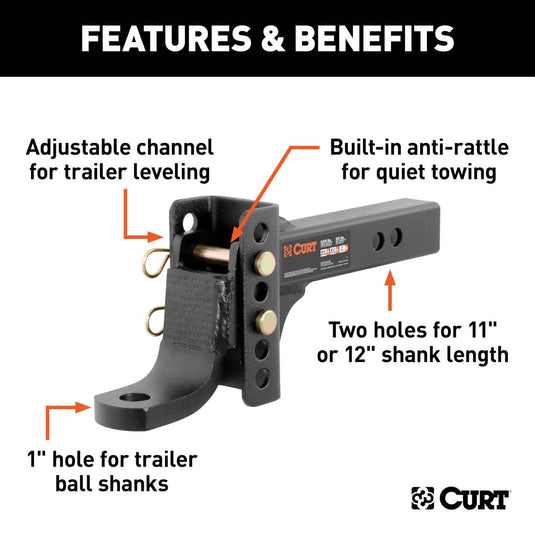 CURT Adjustable Channel Mount with 1" Ball Hole (2" Shank, 6,000 lb, 6-3/4" Drop)