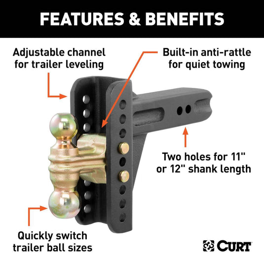 CURT Adjustable Channel Mount with Dual Ball (2-1/2" Shank, 20,000 lb, 6" Drop)