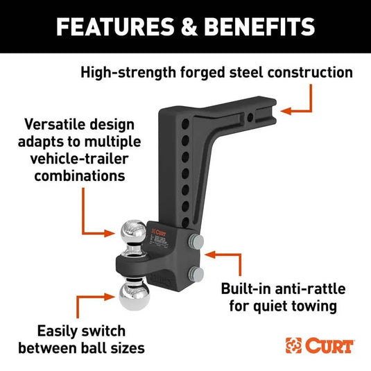 CURT Deep-Drop Adjustable Trailer Hitch Ball Mount with Dual Ball, 2" Shank, 15K