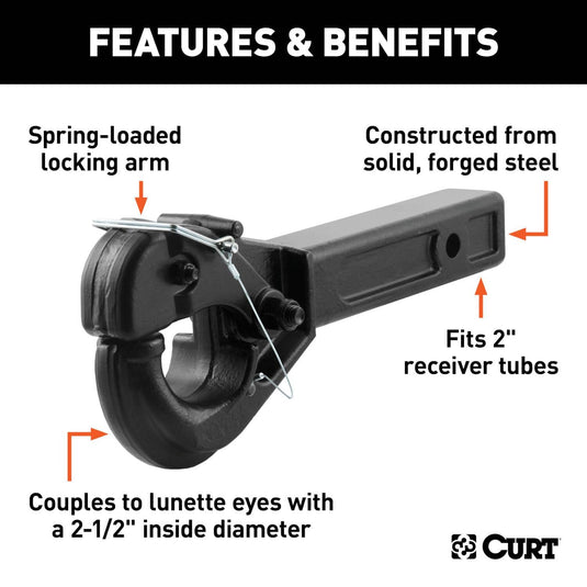 CURT Receiver-Mount Pintle Hook (2" Shank, 20,000 lb, 2-1/2" Lunette Rings)