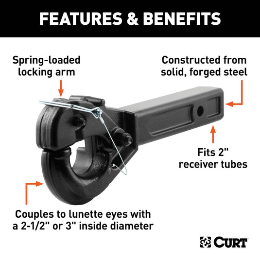 CURT Receiver-Mount Pintle Hook (2" Shank, 10,000 lb, 2-1/2" Lunette Rings)