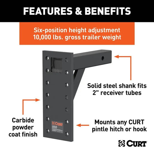 CURT Adjustable Pintle Mount (2" Shank, 10,000 lb, 13" High, 10" Long)