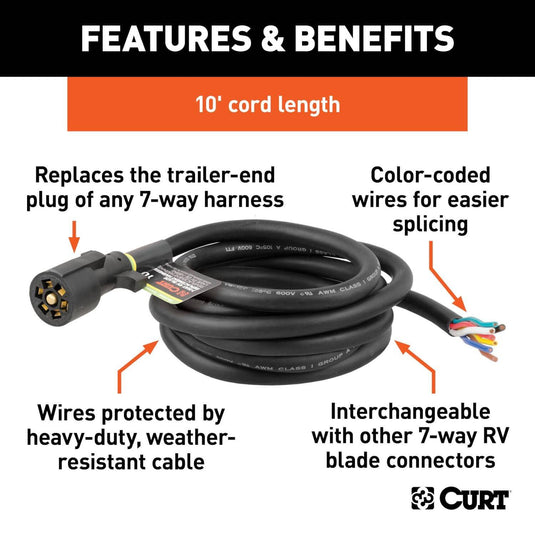 CURT Replacement 7-Way RV Blade with 10' Wires (Trailer Side)