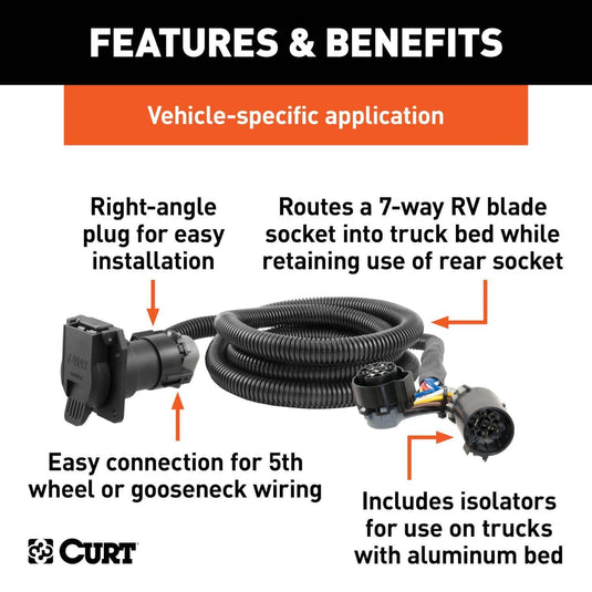 CURT 7' Custom Wiring Extension Harness (adds 7-Way RV Blade to Truck Bed) — 2015-2026 Ford - CUR-57008 - Absolute Autoguard