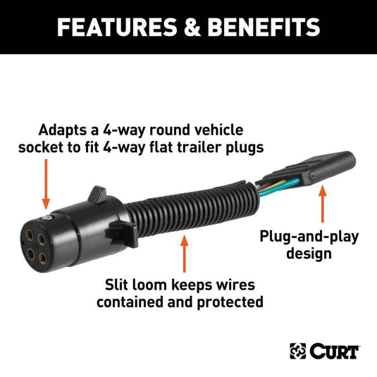 CURT Electrical Adapter (4-Way Round Vehicle to 4-Way Flat Trailer, Part 57224)